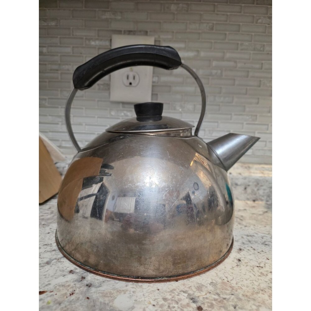 Vintage Revere Stainless Steel Tea Kettle With Black Handle & Lid